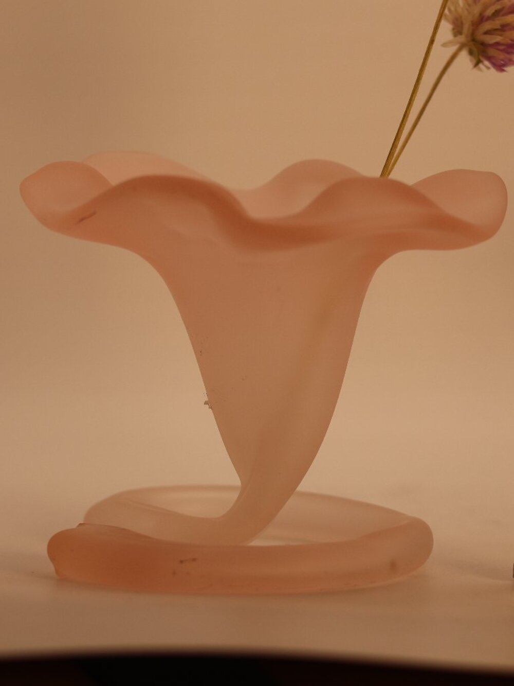 Vintage Pink Frosted Satin Art Glass Lily Trumpet Vase w/Swirled Stem